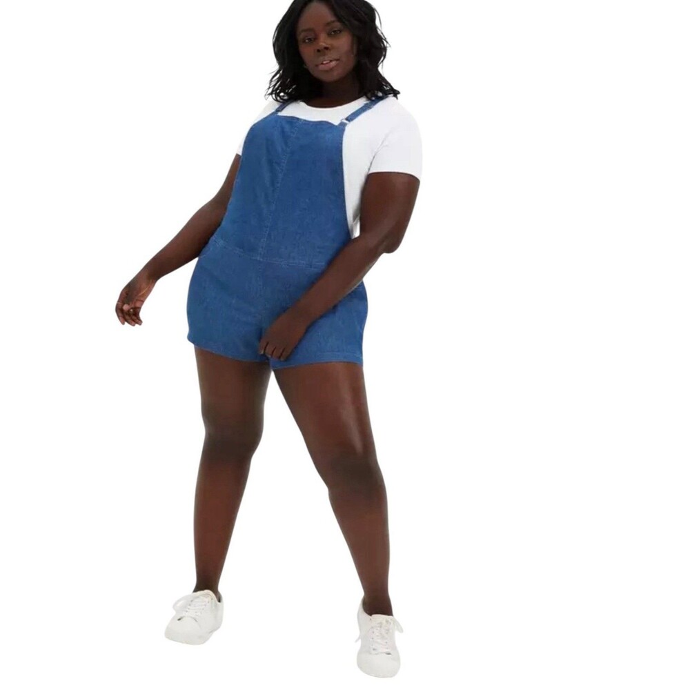NWT Torrid Blue Chambray Denim Shortalls Overalls Square Neck Size 1X 14-16 NEW - Picture 2 of 16